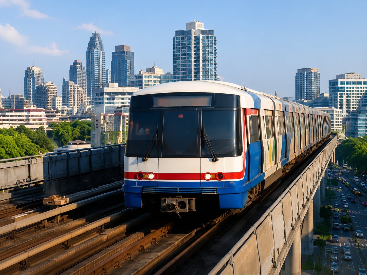 A BTS Skytrain crossing an elevated track above a Bangkok road, with condo towers behind it.