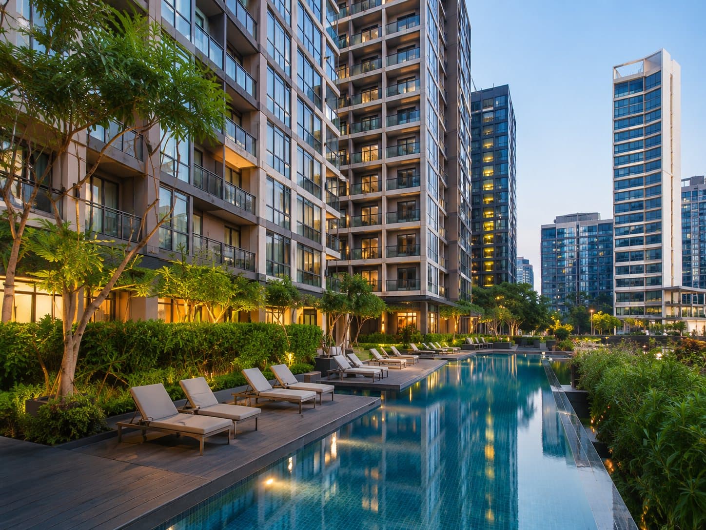 A landscaped swimming pool between modern Bangkok condominium buildings at dusk.