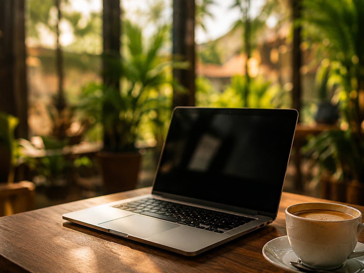 An open laptop and a cup of coffee on a wooden table beside a window overlooking tropical greenery.