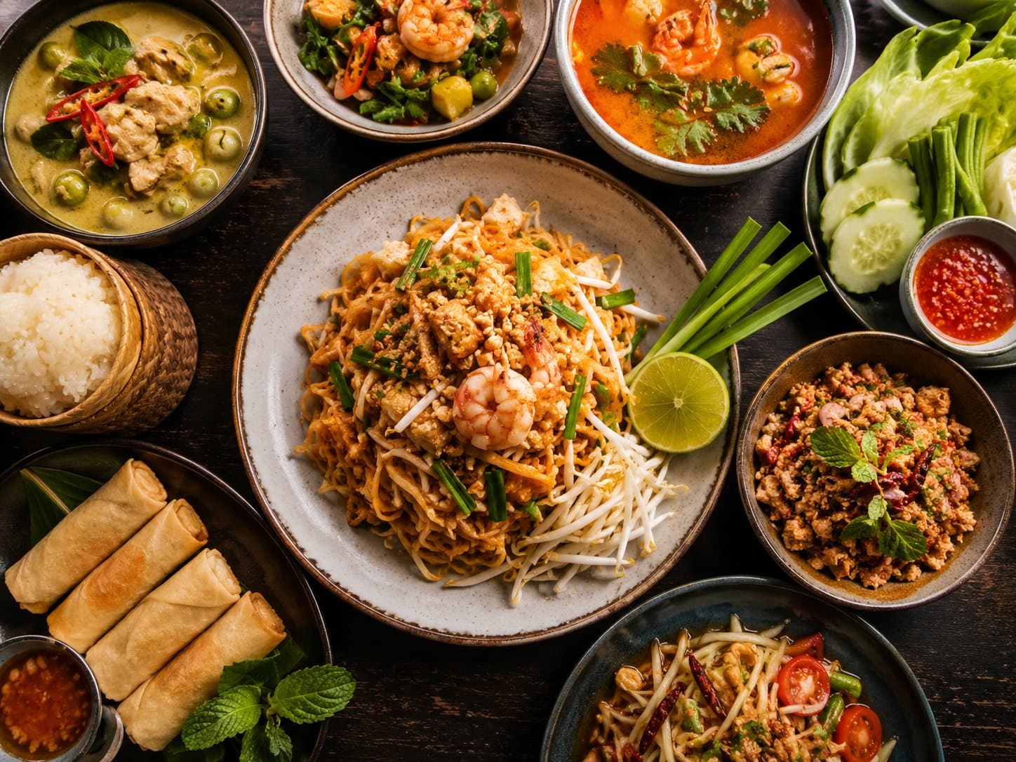 An overhead spread of Thai dishes including pad thai, green curry, tom yum, larb, and som tam.