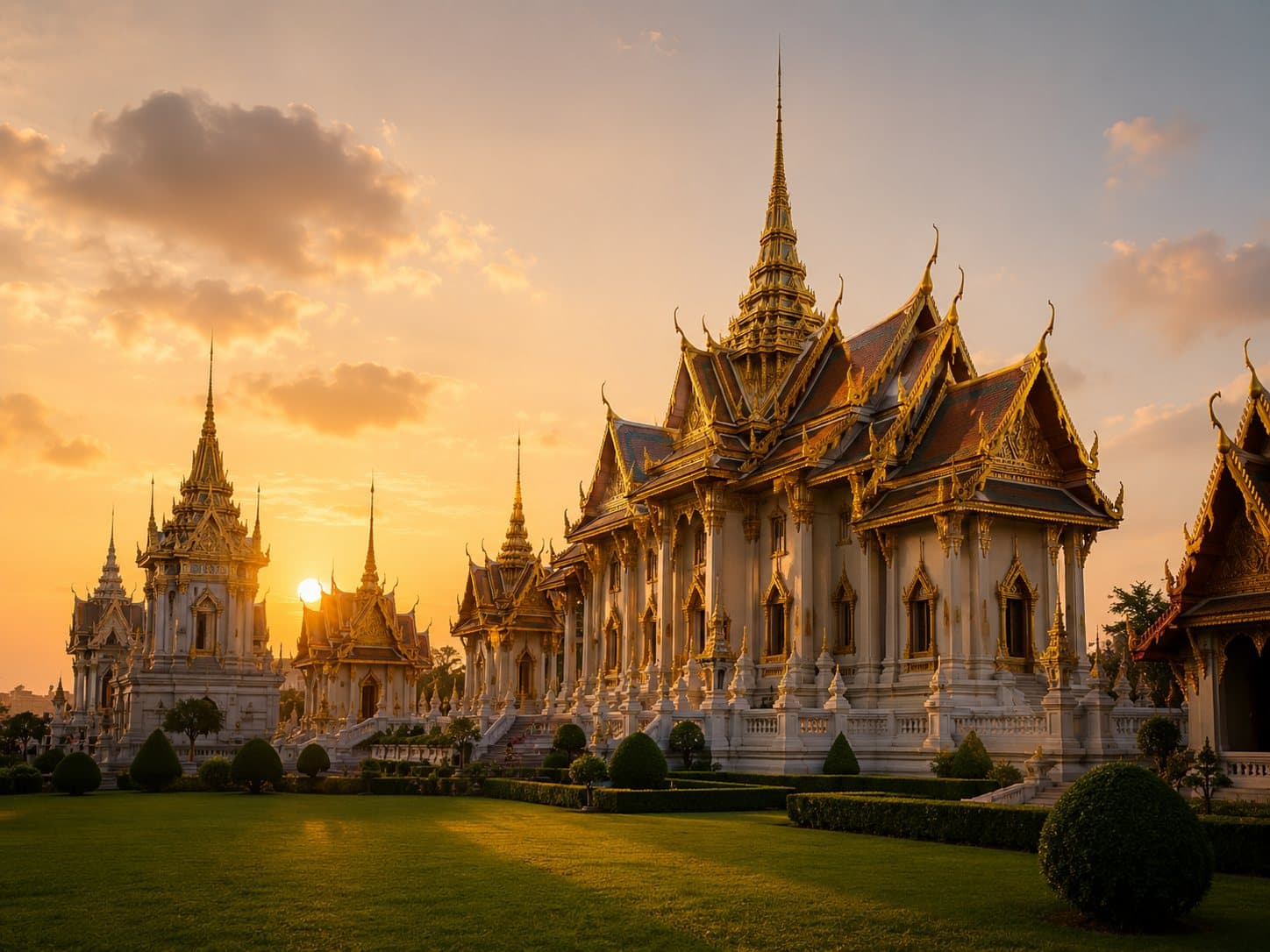 A gilded Thai temple with tiered roofs and spires, photographed at sunset.